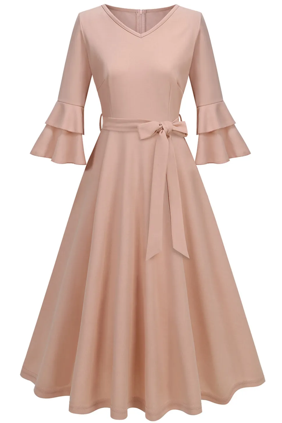 Damasco A-Line V-neck Meia Manga Midi Vestido dos anos 1950
