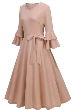 Damasco A-Line V-neck Meia Manga Midi Vestido dos anos 1950