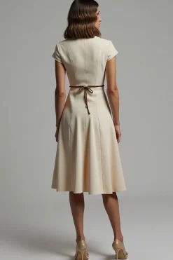 Damasco Cetim Lapela Entalhada Midi Vestido Trabalho com Mangas