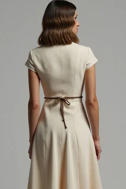 Damasco Cetim Lapela Entalhada Midi Vestido Trabalho com Mangas