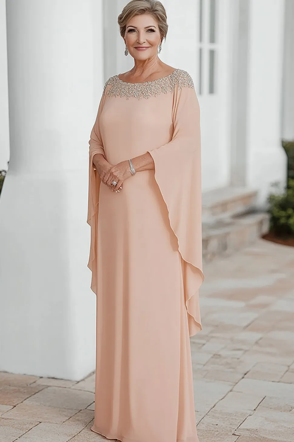 Damasco Chiffon Coluna Scoop Neck Flutter Mangas Mãe do Vestido da Noiva