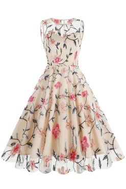Damasco elegante floral bordado mangas midi vestido vintage