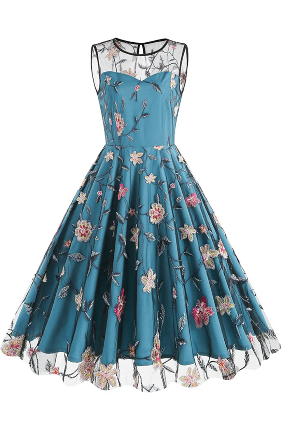 Damasco elegante floral bordado mangas midi vestido vintage