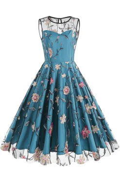 Damasco elegante floral bordado mangas midi vestido vintage