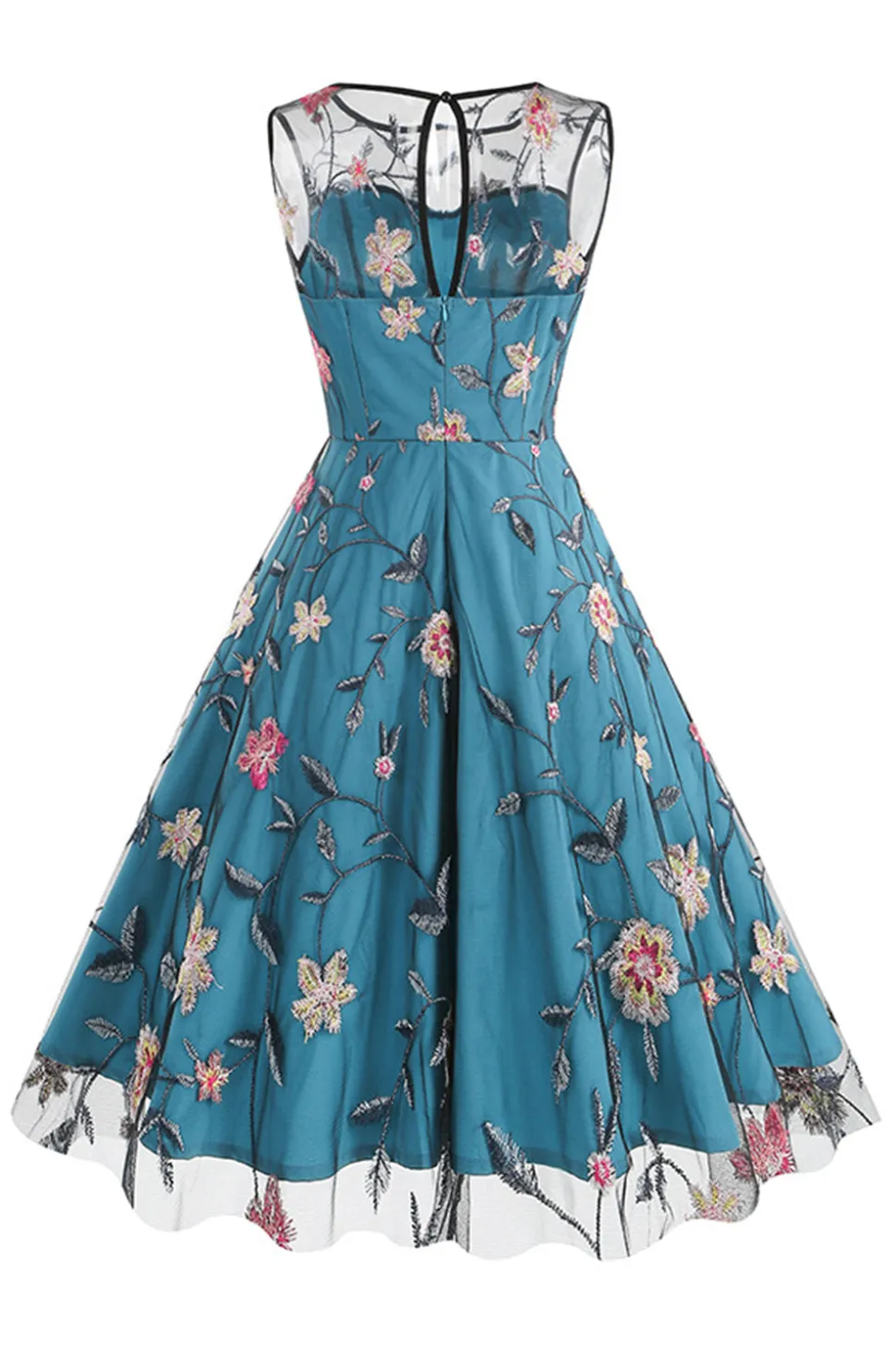 Damasco elegante floral bordado mangas midi vestido vintage