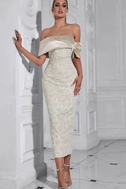 Damasco fora do ombro apliques bainha vestido de noite
