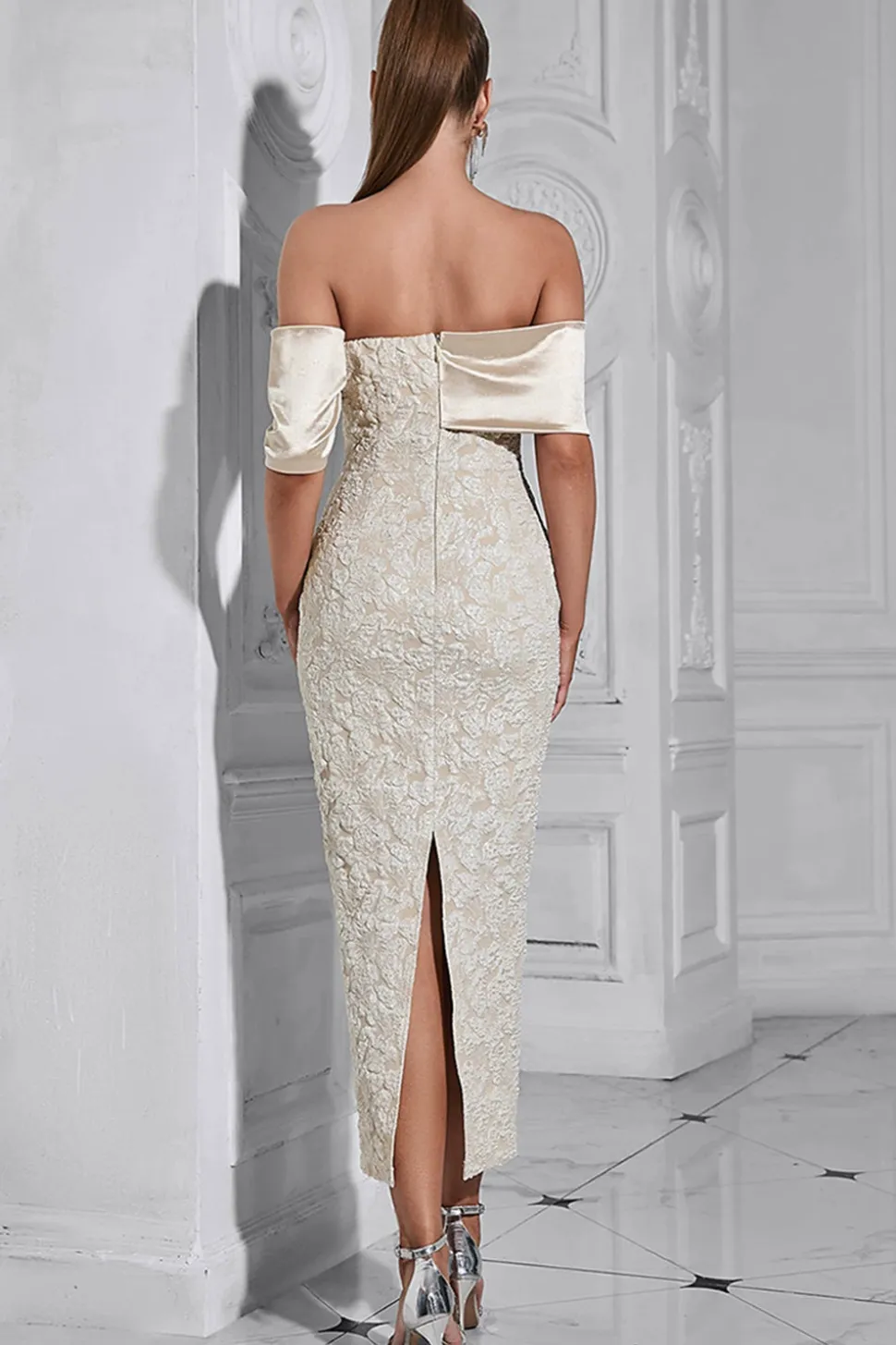 Damasco fora do ombro apliques bainha vestido de noite