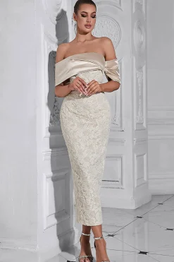 Damasco fora do ombro apliques bainha vestido de noite