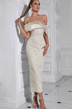 Damasco fora do ombro apliques bainha vestido de noite