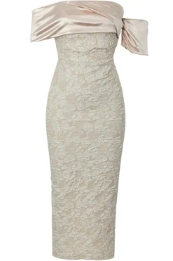Damasco fora do ombro apliques bainha vestido de noite