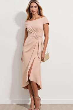 Damasco Fora do Ombro Ruched Midi Vestido Mae Noiva com fenda