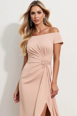 Damasco Fora do Ombro Ruched Midi Vestido Mae Noiva com fenda