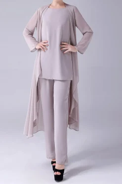 Damasco Mangas Longas 3 Peças Mãe da Noiva Pant Suits