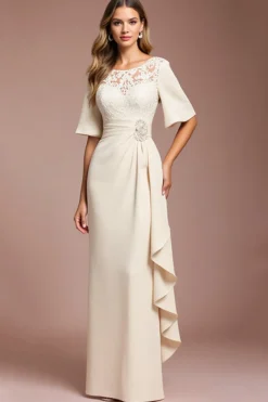 Damasco Ruched Bainha Longos Vestido Mae Noiva com Renda