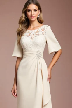 Damasco Ruched Bainha Longos Vestido Mae Noiva com Renda
