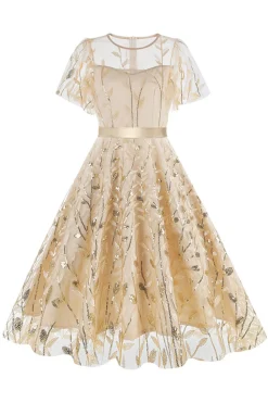 Damasco Sequined Leaf Bordado Malha Overlay Elegante Vestido Vintage