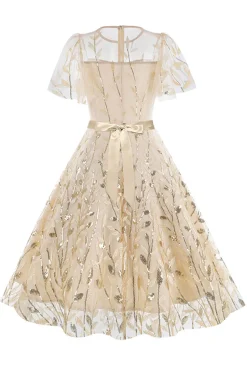 Damasco Sequined Leaf Bordado Malha Overlay Elegante Vestido Vintage