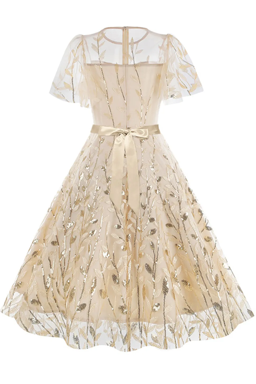 Damasco Sequined Leaf Bordado Malha Overlay Elegante Vestido Vintage