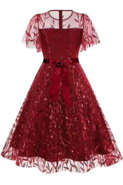 Damasco Sequined Leaf Bordado Malha Overlay Elegante Vestido Vintage