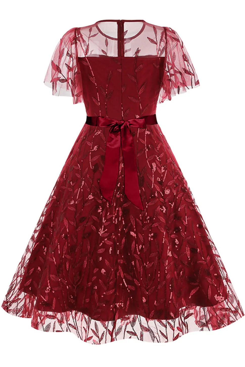 Damasco Sequined Leaf Bordado Malha Overlay Elegante Vestido Vintage