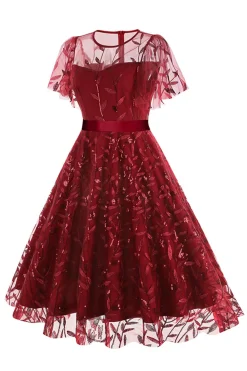 Damasco Sequined Leaf Bordado Malha Overlay Elegante Vestido Vintage