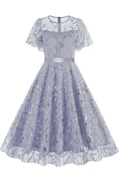 Damasco Sequined Leaf Bordado Malha Overlay Elegante Vestido Vintage