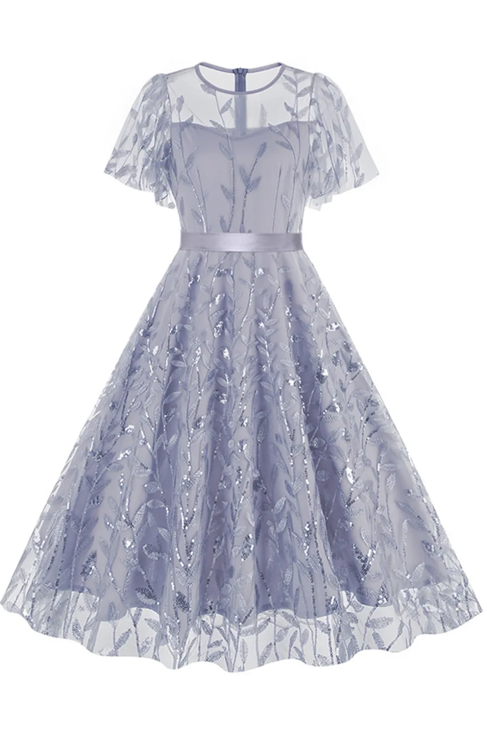 Damasco Sequined Leaf Bordado Malha Overlay Elegante Vestido Vintage