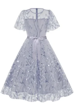Damasco Sequined Leaf Bordado Malha Overlay Elegante Vestido Vintage