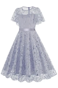 Damasco Sequined Leaf Bordado Malha Overlay Elegante Vestido Vintage