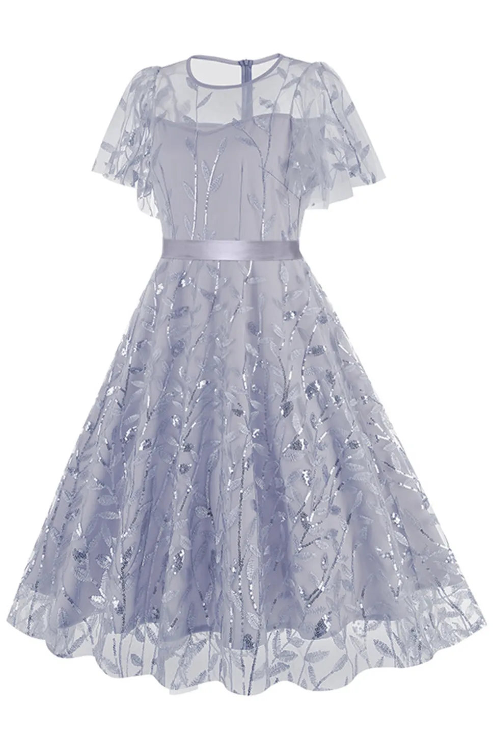 Damasco Sequined Leaf Bordado Malha Overlay Elegante Vestido Vintage
