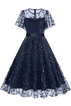 Damasco Sequined Leaf Bordado Malha Overlay Elegante Vestido Vintage