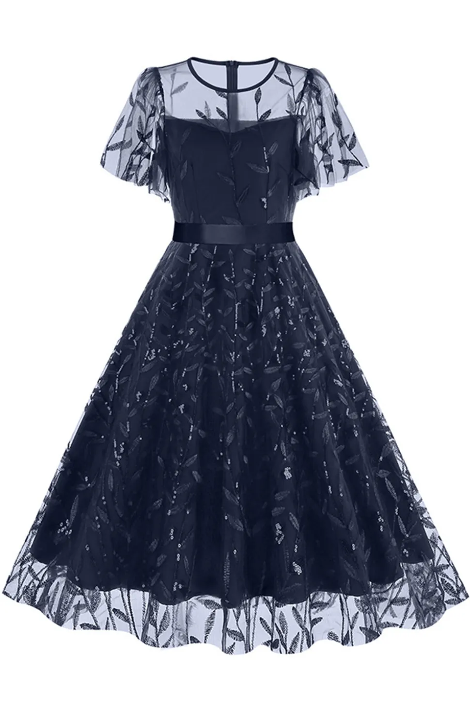 Damasco Sequined Leaf Bordado Malha Overlay Elegante Vestido Vintage