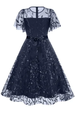 Damasco Sequined Leaf Bordado Malha Overlay Elegante Vestido Vintage