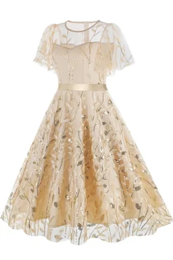 Damasco Sequined Leaf Bordado Malha Overlay Elegante Vestido Vintage