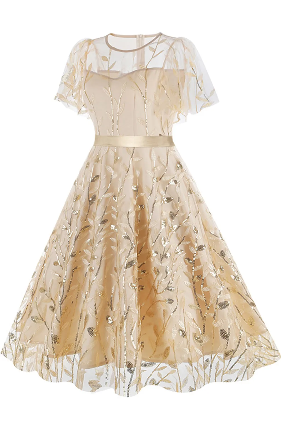 Damasco Sequined Leaf Bordado Malha Overlay Elegante Vestido Vintage
