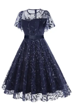Damasco Sequined Leaf Bordado Malha Overlay Elegante Vestido Vintage