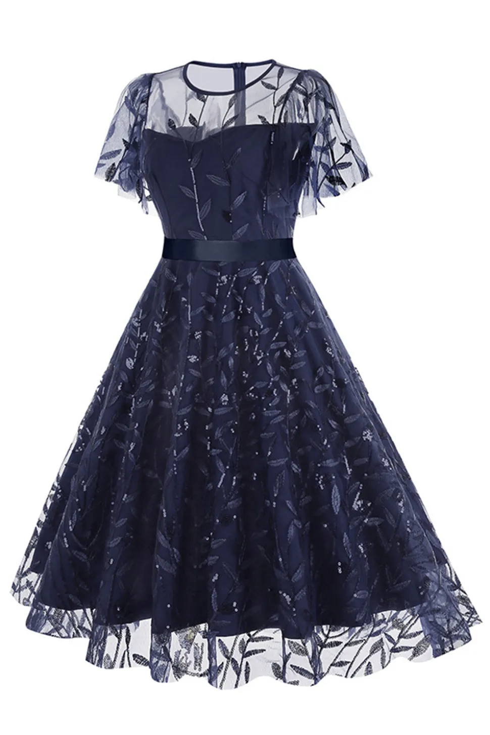 Damasco Sequined Leaf Bordado Malha Overlay Elegante Vestido Vintage