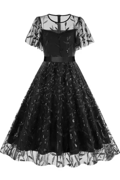 Damasco Sequined Leaf Bordado Malha Overlay Elegante Vestido Vintage