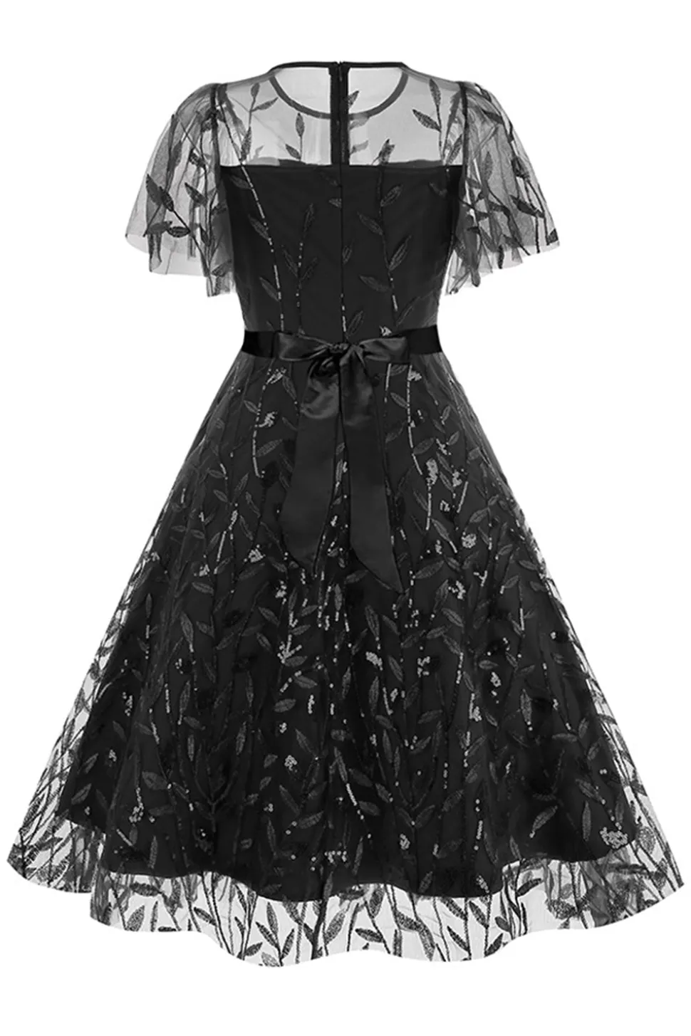 Damasco Sequined Leaf Bordado Malha Overlay Elegante Vestido Vintage