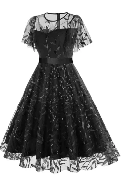 Damasco Sequined Leaf Bordado Malha Overlay Elegante Vestido Vintage