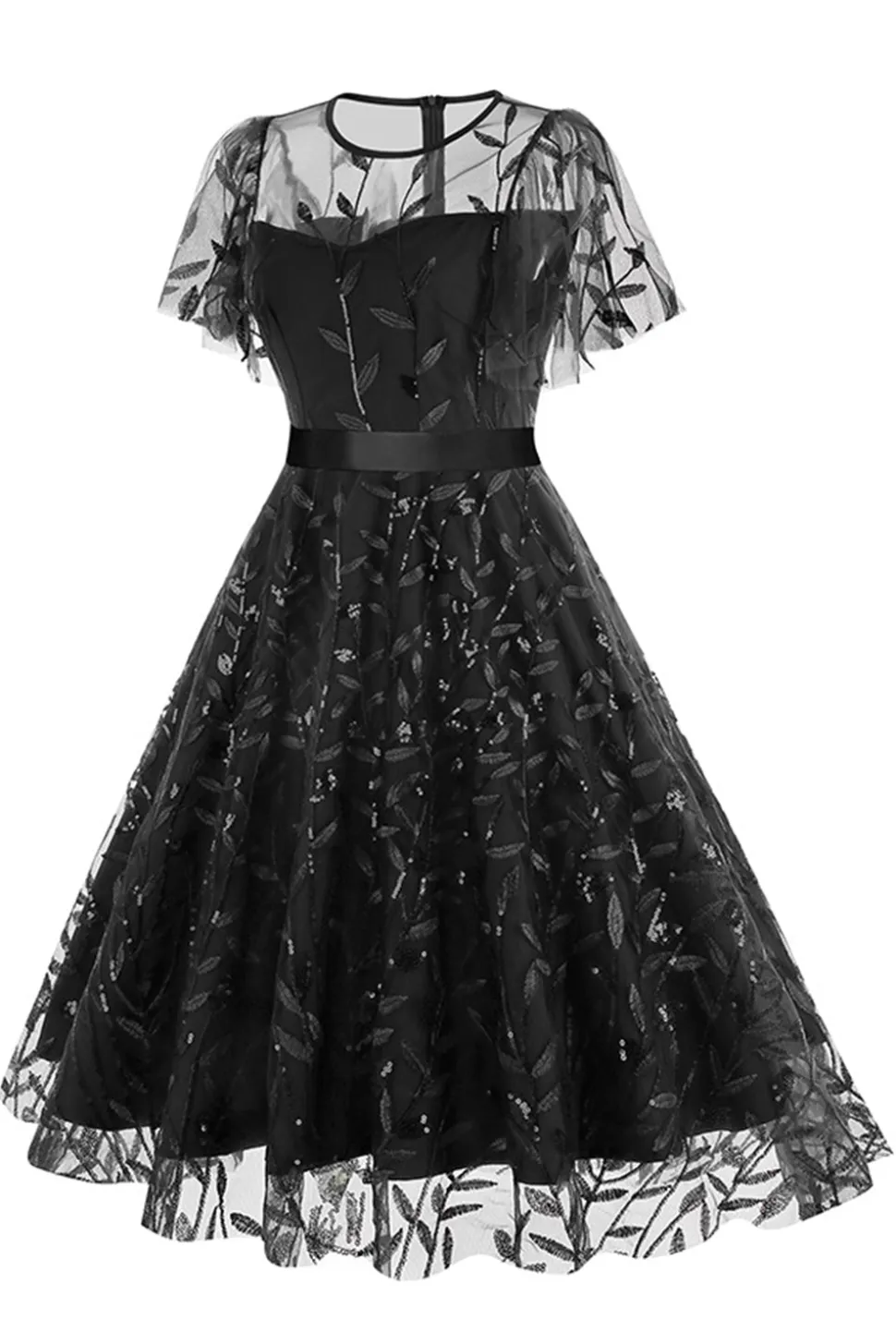 Damasco Sequined Leaf Bordado Malha Overlay Elegante Vestido Vintage