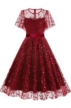 Damasco Sequined Leaf Bordado Malha Overlay Elegante Vestido Vintage