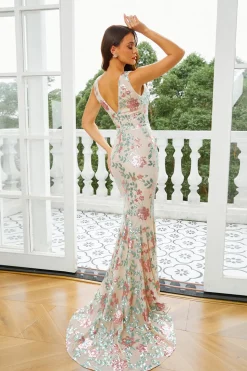 Damasco Sereia Floral Vestido Longo Baile