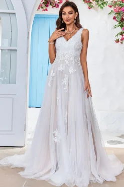 Damasco Tule Varredura Trem Uma Linha Vestido de Noiva com Renda