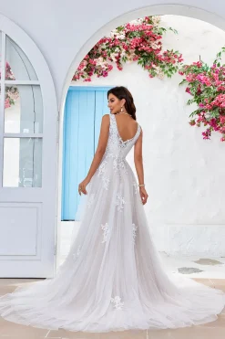 Damasco Tule Varredura Trem Uma Linha Vestido de Noiva com Renda