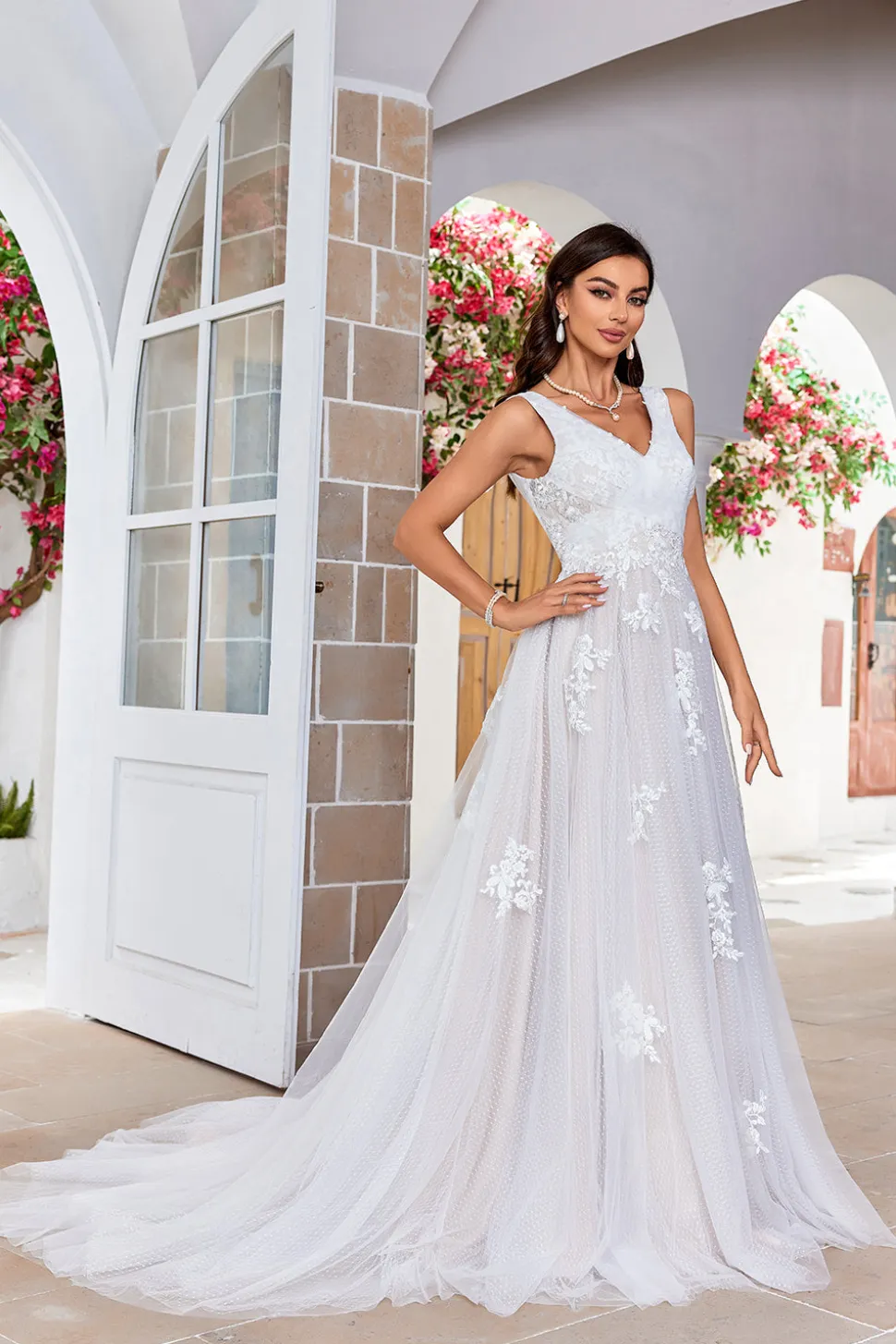 Damasco Tule Varredura Trem Uma Linha Vestido de Noiva com Renda