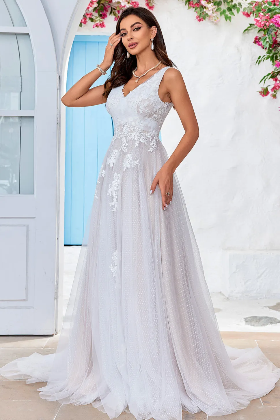 Damasco Tule Varredura Trem Uma Linha Vestido de Noiva com Renda