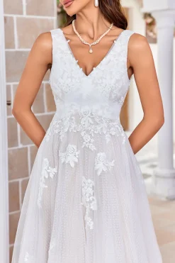 Damasco Tule Varredura Trem Uma Linha Vestido de Noiva com Renda