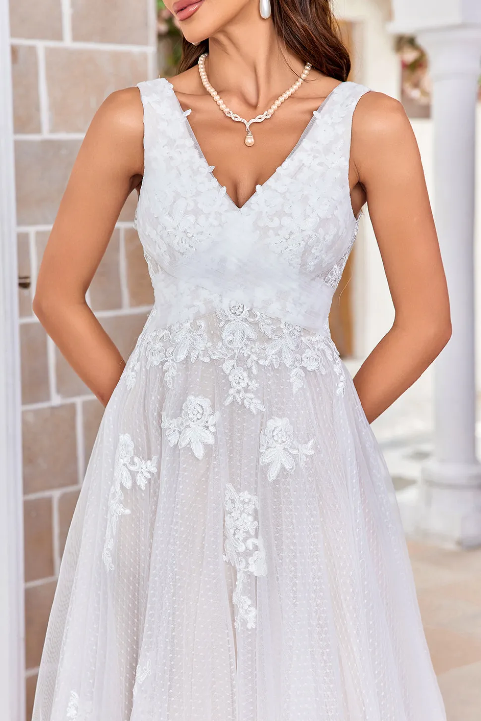 Damasco Tule Varredura Trem Uma Linha Vestido de Noiva com Renda