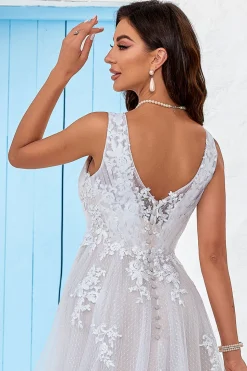 Damasco Tule Varredura Trem Uma Linha Vestido de Noiva com Renda